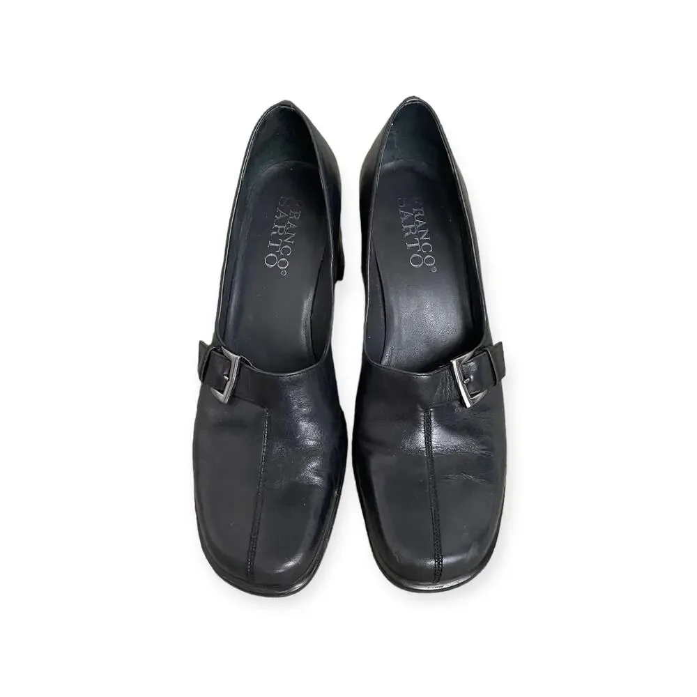 Franco Sarto Black Leather Block Heel Loafer